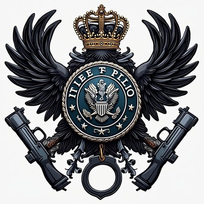 Detailed emblem featuring black wings and firearms