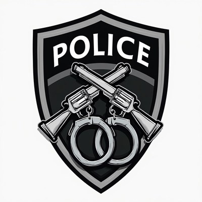 Police badge design with guns and handcuffs symbolizing law