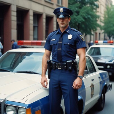 Police officer stands confidently beside patrol car