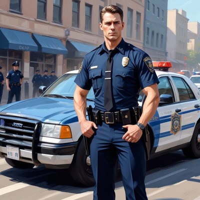 Police officer stands confidently by a patrol car