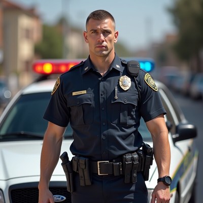 Police officer standing confidently near patrol car