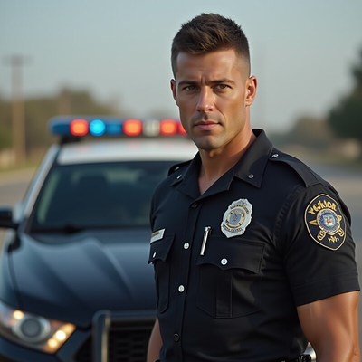 Officer stands confidently near a police car on a quiet road
