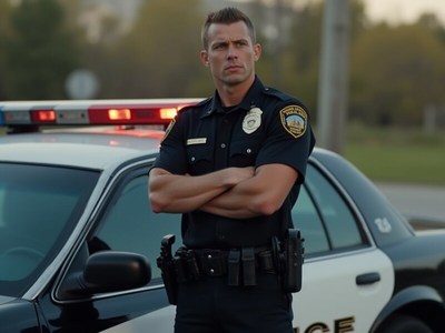 Police officer stands confidently beside a patrol car