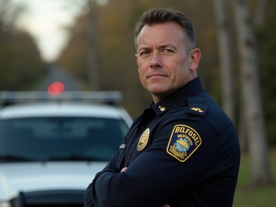 Officer stands confidently by a police vehicle in the woods