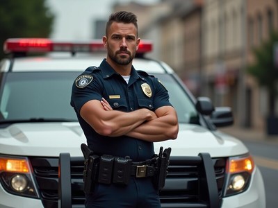 Officer standing confidently in urban police vehicle