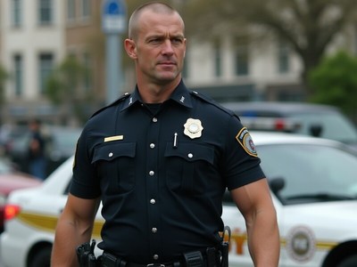 Police officer standing guard in urban area