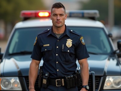 Officer stands confidently in front of police vehicle