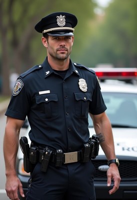 Uniformed officer stands confidently by police vehicle