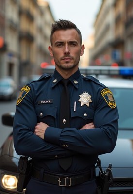 Police officer stands confidently in urban setting