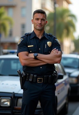 Police officer standing confidently in urban setting
