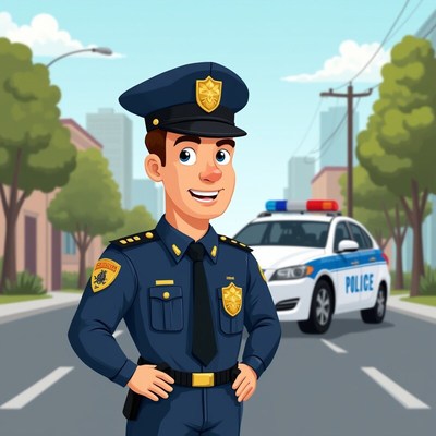 Cheerful police officer stands on city street