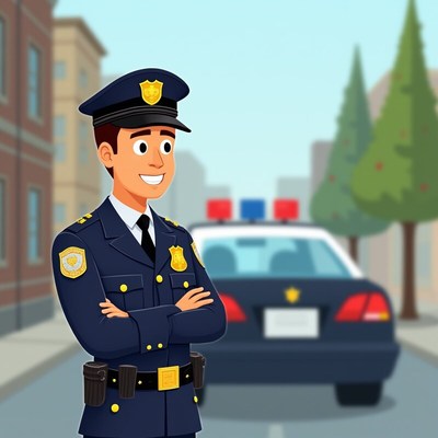 Police officer stands proudly near patrol car