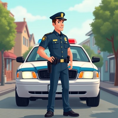 Friendly police officer stands in front of patrol car