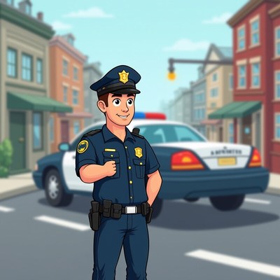 Police officer stands on city street beside patrol car