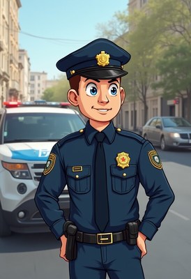Friendly cartoon police officer smiling on city street
