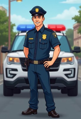 Police officer standing confidently in front of a patrol car