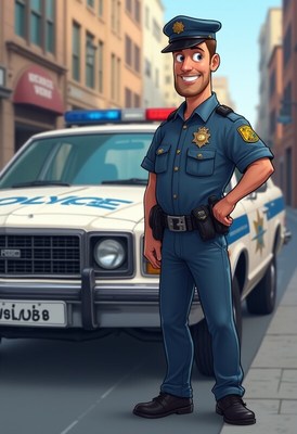 Friendly police officer stands beside patrol car in city