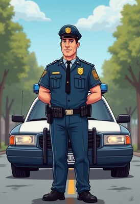 Police officer stands proudly in city park