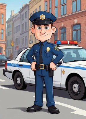 Cartoon police officer stands confidently on city street