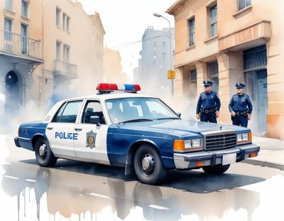 Police officers monitoring a quiet city street scene