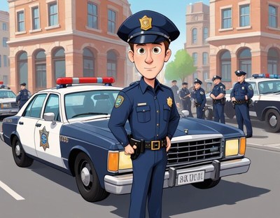 Cartoon police officer stands in front of patrol car