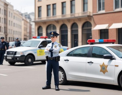 Police officers manage a traffic scene in a city