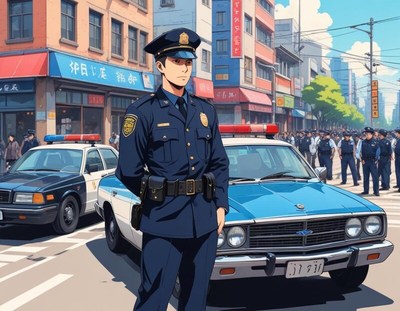 Police officer stands guard in busy city street scene