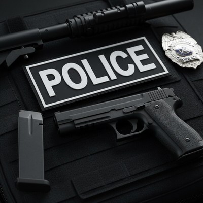 Police equipment displayed on tactical gear background