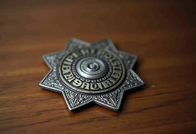 Antique silver star badge resting on wooden table