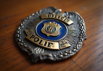 Police badge resting on a wooden surface during daytime