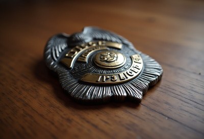 Old police badge resting on a wooden table