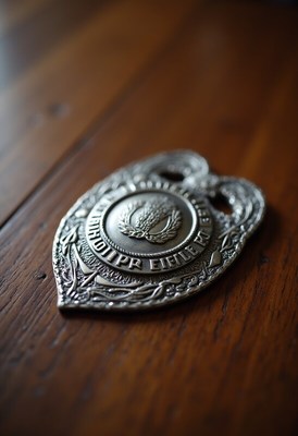 Silver badge on a wooden surface showing intricate design