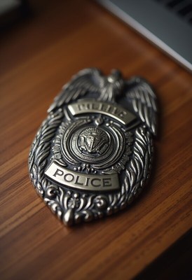 Silver police badge rests on wooden desk