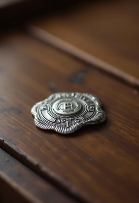 Detailed silver badge on a wooden surface