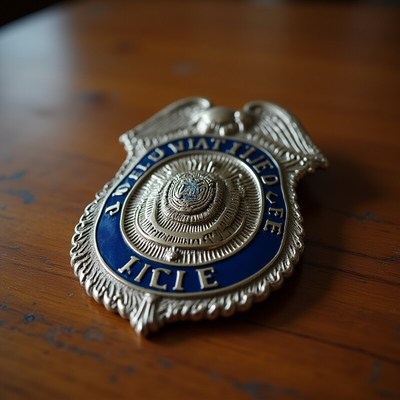 Police badge resting on a wooden surface
