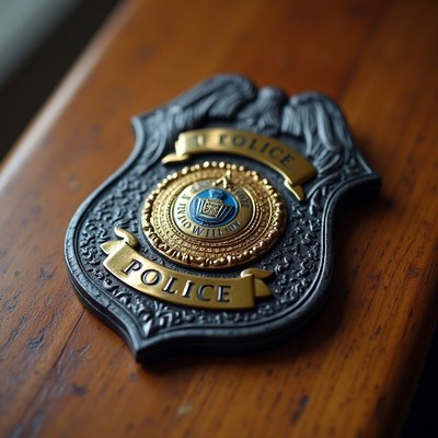 Police badge placed on a wooden surface