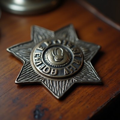 Police badge displayed on a wooden surface
