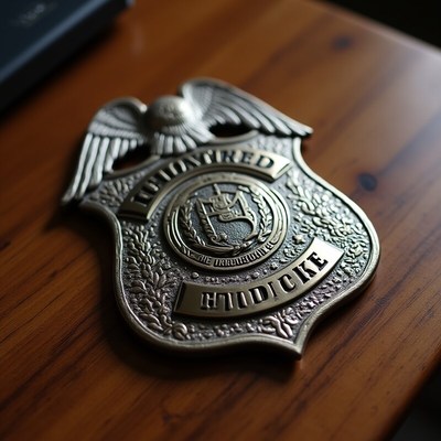 Police badge resting on a wooden table at a crime scene