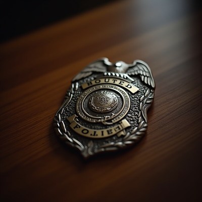Police badge resting on wooden surface