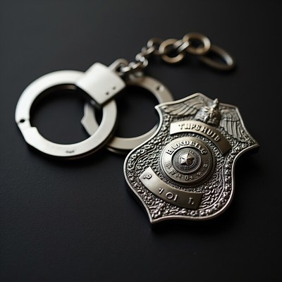 Police badge and handcuffs on a dark surface