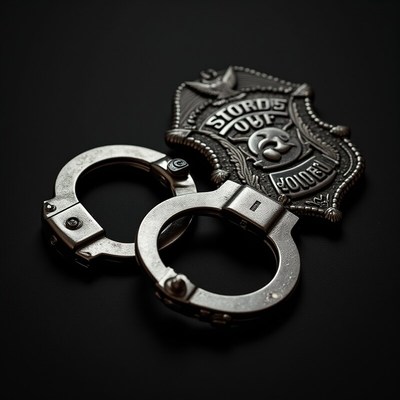 Silver handcuffs and police badge on a dark surface