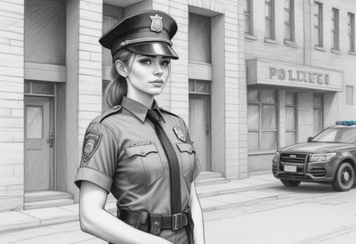 Police officer stands proudly outside the station