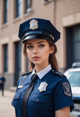 Police officer in uniform stands proudly outdoors