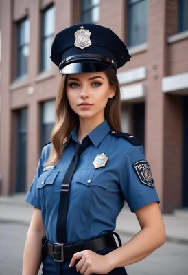 Police officer standing confidently in urban setting