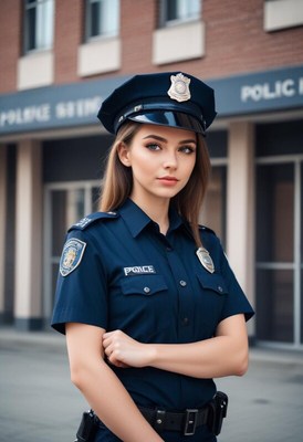 Police officer poses confidently outside station