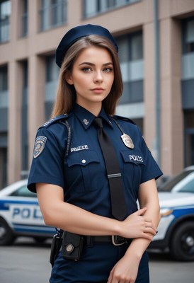 Police officer poses confidently near patrol cars
