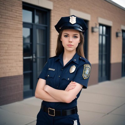 Young police officer stands confidently outside a building