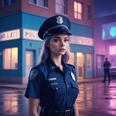 Young police officer stands confidently in a neon-lit city