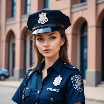 Young police officer poses confidently in urban setting