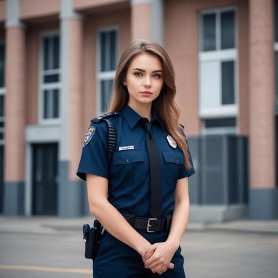 Young police officer stands outside police station